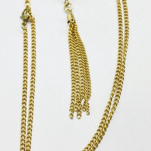 Gold Tone Tassel Pendant Necklace Long Chain With Silver and Clear Beads - Picture 4 of 7